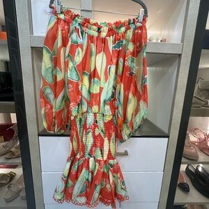 Charo Ruiz Red Floral Smocked Pencil Skirt with Green Leaf Print